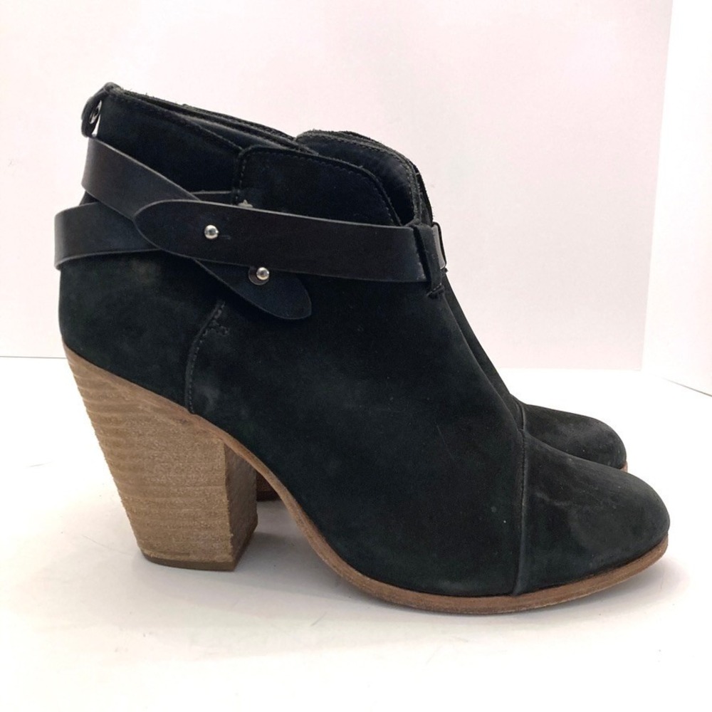 Rag & Bone Harrow Booties Boots Black Nubuck Block Heel Strap Womens 8.5 EU39.5